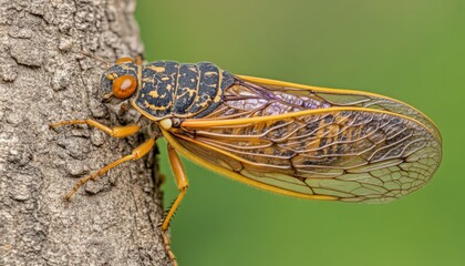 Detailed Closeup of a Cicada on Tree Bark