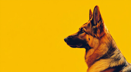 A profile view of a happy German Shepherd dog on a yellow background with copy space,