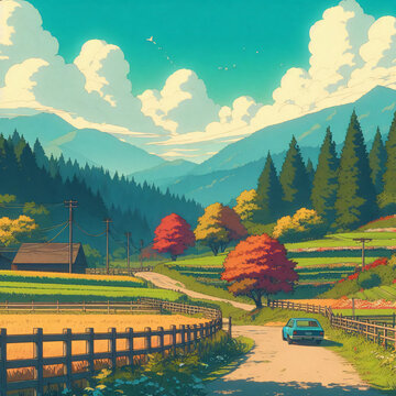 autumn landscape with mountains and trees. digital illustration.