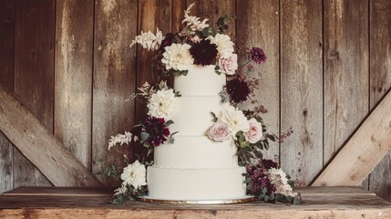Elegant Four Tier Wedding Cake with Floral Decorations on Rustic Wood