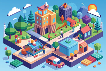 People engage in various daily activities in a colorful neighborhood surrounded by buildings and nature, Ordinary day Customizable Isometric Illustration