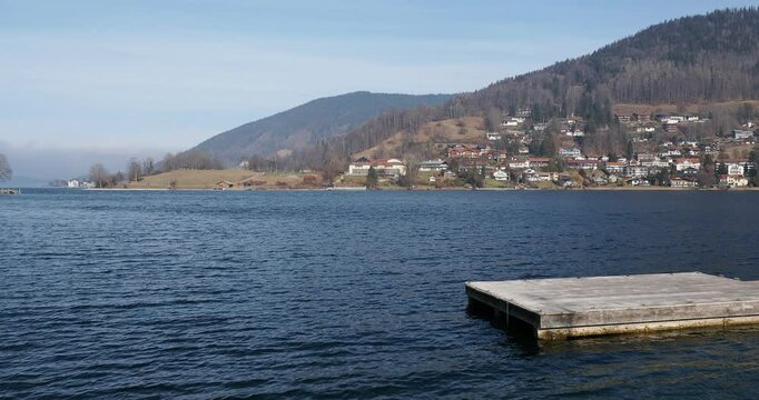 View of Lake Tegernsee and the advanced hill, leisure center and beach on Rottach Bay extending the town of Tegernsee-Leeberg to the eastern shore