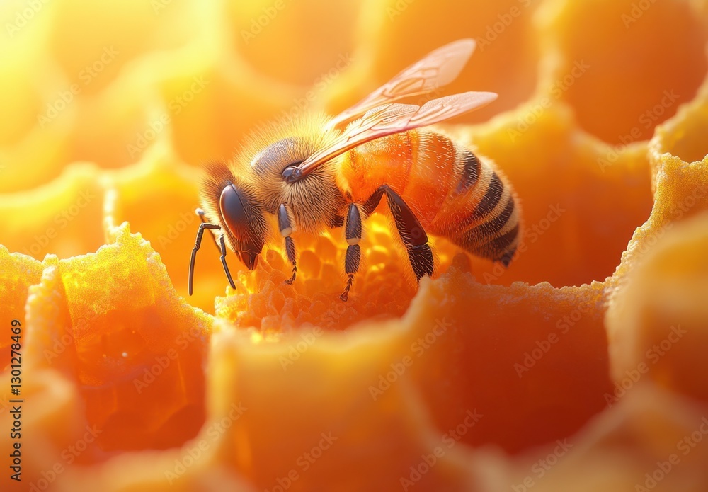 Poster close-up of bee collecting nectar from honeycomb with beautiful honeycomb structure and sunlight cre