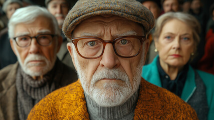 A group of elderly individuals stands closely together, showcasing various expressions of concern and contemplation. They are dressed warmly, hinting at a brisk day