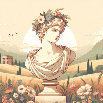 Greek Architecture in Countryside. minimal. digital illustration.