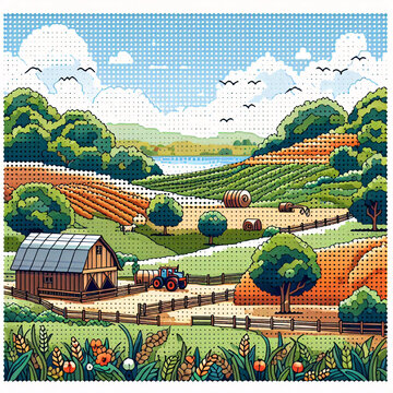 rice field in countryside. pixel art.
