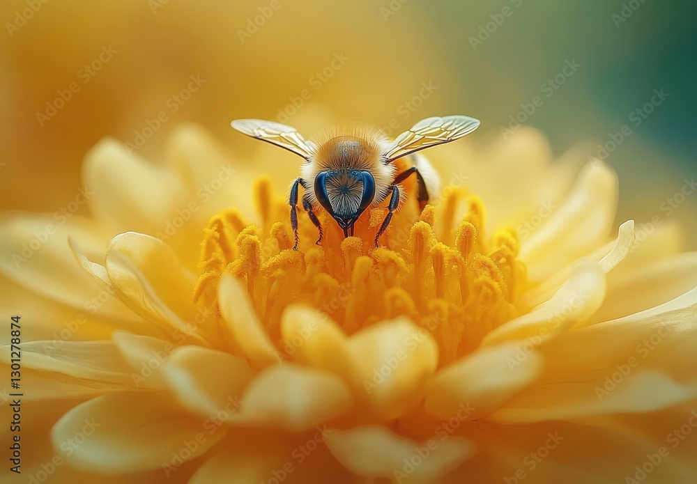 Poster close-up of bee collecting nectar from yellow flower with soft focus background for nature and wildl
