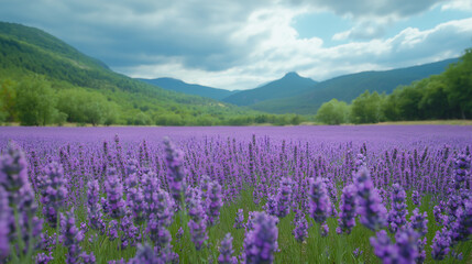 Fototapeta premium Vibrant lavender blossoms stretch infinitely across the landscape, their sweet scent filling the air. Dark clouds loom above, creating a stunning contrast with the surrounding mountains