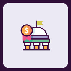 Obraz premium Stylized bank building illustration with dollar coin and tiny flag element