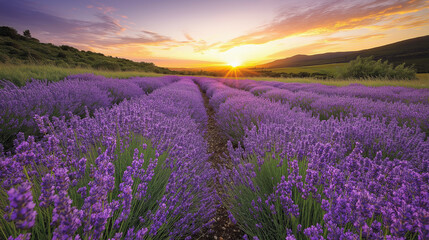 Naklejka premium A vast expanse of lavender stretches across the landscape as the sun sets, casting warm hues over the fields. Gentle breezes carry the sweet scent, inviting serenity and peace at dusk