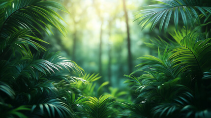 In a vibrant jungle, sunbeams pierce through leafy canopies, illuminating rich green foliage that thrives peacefully below. Nature's tranquility abounds among the dense greenery