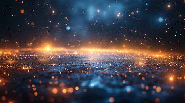 A stunning display of shimmering lights and colors creates a mesmerizing atmosphere, where golden and azure sparks blend seamlessly across a reflective surface, evoking a sense of wonder
