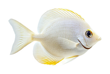 Elegant white fish with yellow fins swimming gracefully in clear water during a serene underwater exploration, cut out