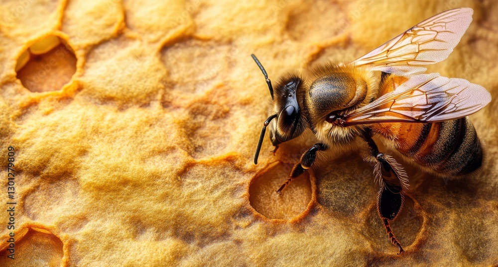 Poster close-up of bee on honeycomb showing detailed structure of beeswax and hexagonal cells with natural 
