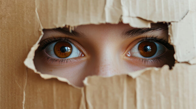Eyes Peeking Through Cardboard - Close-up of brown eyes peering through a hole in a cardboard box. Curiosity, mystery, and hidden observation