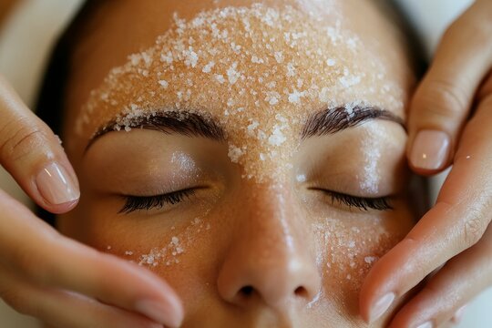 Facial Salt Scrub Treatment Close Up - Relaxing spa treatment, skincare ritual, exfoliation process, facial rejuvenation, beauty enhancement