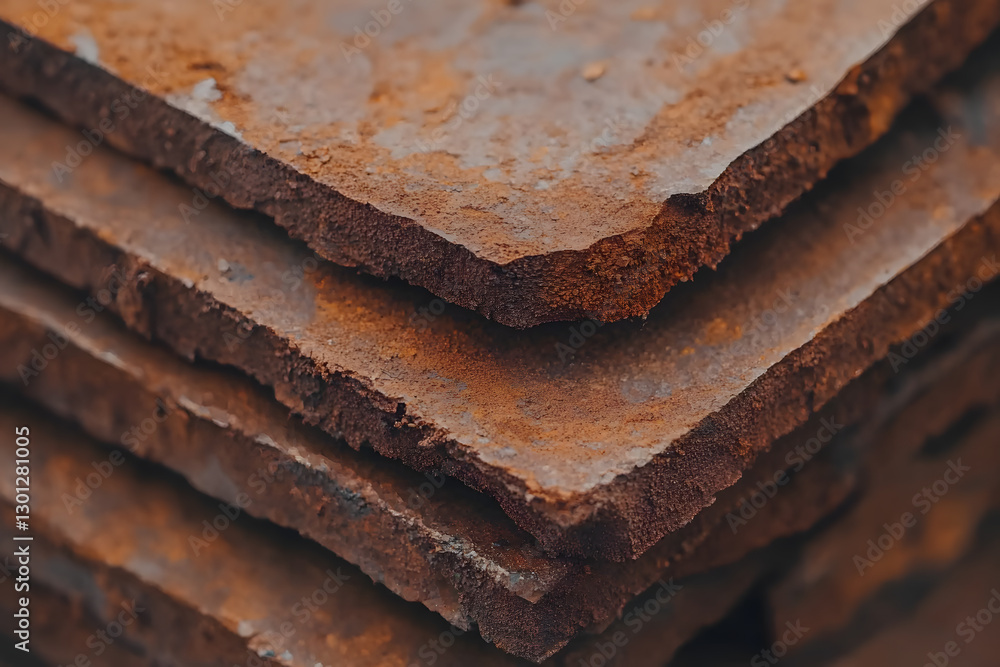 Poster stack of weathered metal sheets showcasing rust patterns and textured edges, hinting at industrial a