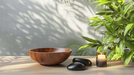 A foot spa environment with a wooden bowl, smooth black massage stones, and a lit scented candle.