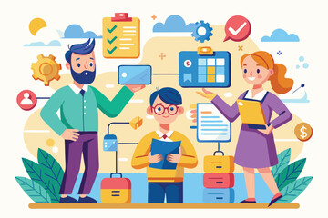 A team collaborates to manage and organize customizable projects using engaging cartoon visuals, Organizing projects Customizable Cartoon Illustration