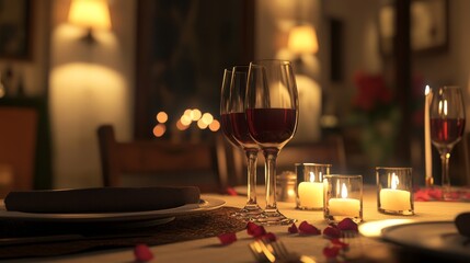 romantic candlelit dinner setup with a gourmet tasting menu, wine glasses clinking, elegant atmosphere
