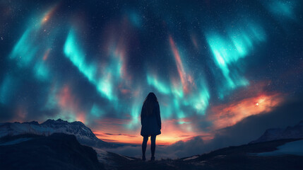A figure stands in awe before a vibrant display of northern lights illuminating the night sky. The tranquil mountain backdrop creates a mesmerizing atmosphere at twilight