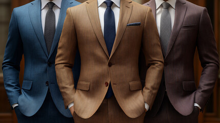 Three men stand confidently, each dressed in tailored suits of different hues, radiating sophistication and charm. The setting exudes elegance, making a striking impression