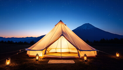 white tent with warm lights from lanterns in front of Mt.Fuji. Taken at night with stars in the sky