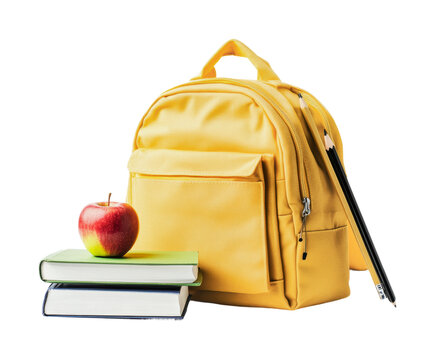 Bright yellow backpack with books and apple ready for school supplies during back to school season, cut out