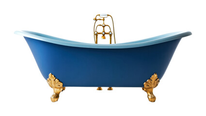 Luxurious blue bathtub with elegant gold accents designed for relaxation and comfort in a modern bathroom setting, cut out