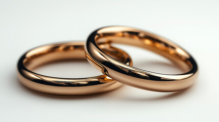 Two polished wedding bands rest on a smooth surface, reflecting light beautifully. These rings symbolize eternal love and commitment, ideal for weddings or anniversaries