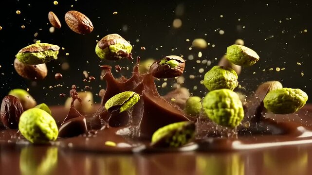 Vibrant explosion of green pistachios and brown nuts splashing in rich chocolate sauce