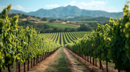 Fototapeta premium Vibrant rows of grapevines stretch across the landscape, leading the eye towards distant mountains. The sun casts a warm glow over the lush greenery, creating a tranquil atmosphere
