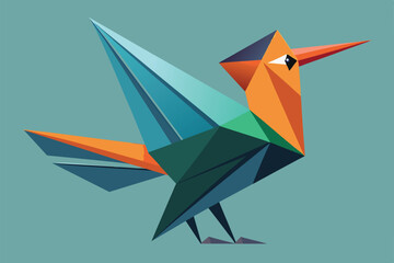 Naklejka premium A colorful origami bird stands on a blue surface, showcasing its unique geometric features and design, Origami bird Customizable Cartoon Illustration