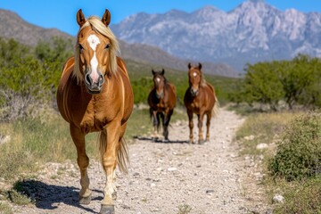 Obraz premium A herd of wild horses galloping along a canyon ridge at sunrise