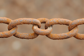 Fototapeta premium Rusted metal chain with interlocking links, weathered and orange-brown in color, against a blurred, light brown background. Close-up shot.