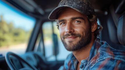 A man with a scruffy beard and a cap beams as he drives through the picturesque countryside. Sunlight filters through the trees, casting warm tones around him as he enjoys the adventure