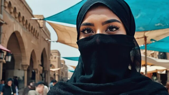 Young Muslim Woman in Niqab Stands in Bustling Marketplace with Colorful Awnings
