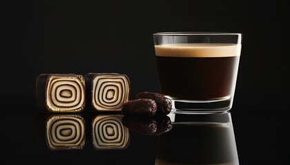 slices of liquorice candies and a glass of coffee, arranged side by side, liquorice on the left and side by side coffee on the right, on clean black surface, isolated on a plain black background