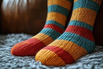 Close-up view of striped socks on feet, suitable for lifestyle or fashion related uses
