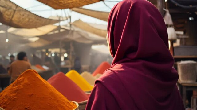 Young Woman in Hijab Explores Vibrant Spice Market Filled With Colorful Herbs and Spices