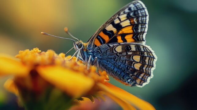 A butterfly sits on the petals of a bright yellow flower