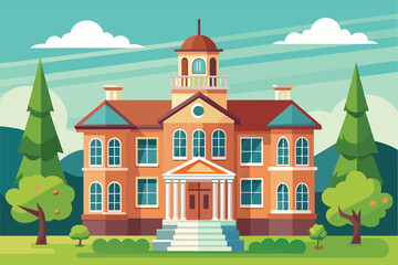 Fototapeta premium A charming orphanage stands prominently with trees around it beneath a bright, sunny sky, Orphanage Customizable Semi Flat Illustration