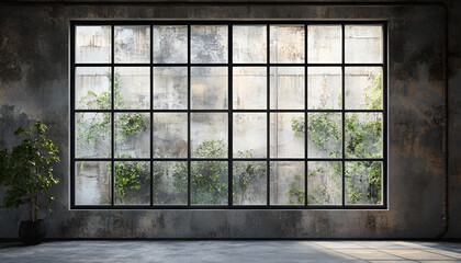 large window with industrial glass panes, faded gray paint on the wall behind it, smooth black metal frames