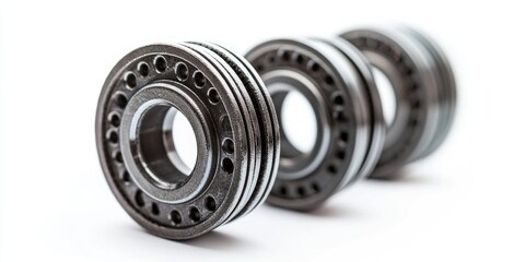A detailed view of a roller bearing on a clean white surface