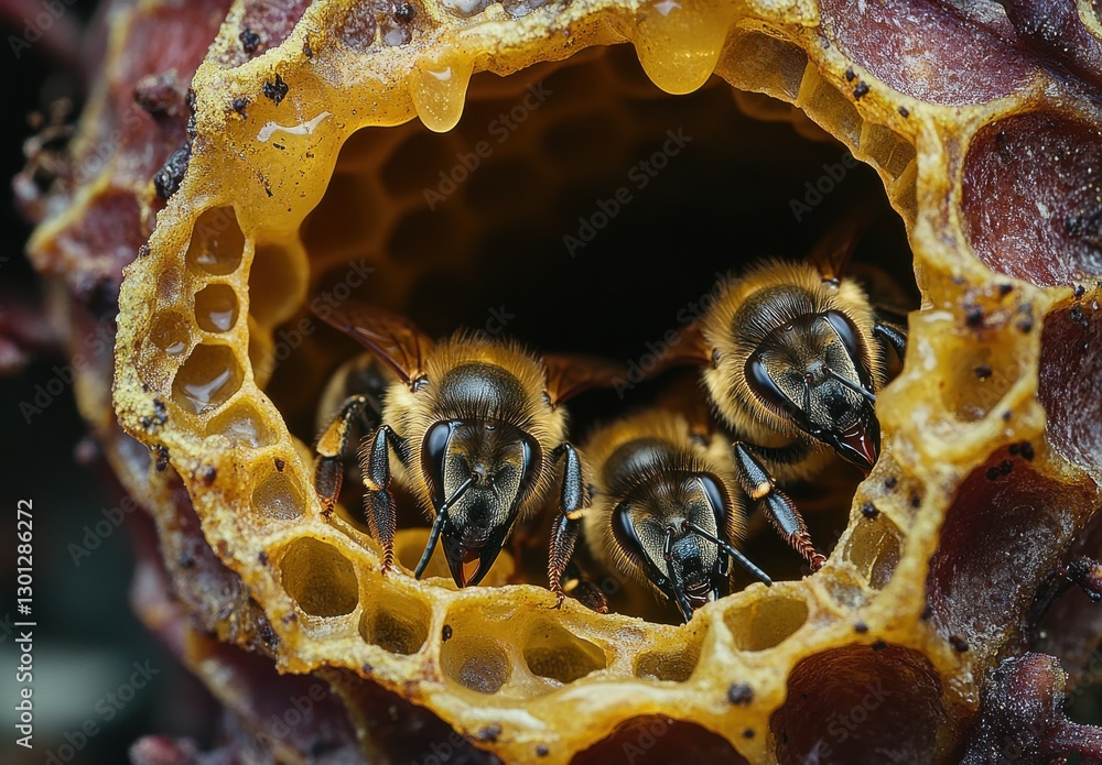 Poster close-up of bees inside honeycomb with intricate hexagonal structure and natural golden honey in a b