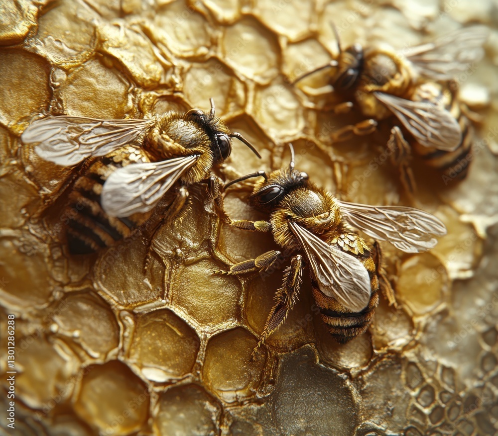 Poster close-up of bees on honeycomb in a natural setting, emphasizing the intricate details and golden tex