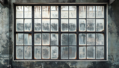 large window with industrial glass panes, faded gray paint on the wall behind it, smooth black metal frames