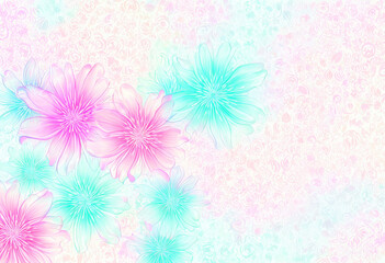 Ein traumhaftes, florales Muster in sanften Pastelltönen mit rosa und türkisfarbenen Blüten. Die weiche Farbverläufe verleihen eine harmonische, zarte Ästhetik. Generative KI.