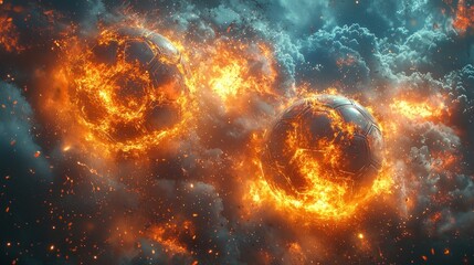 Obraz premium Fiery Soccer Balls Engulfed in Flames and Smoke Concept Art