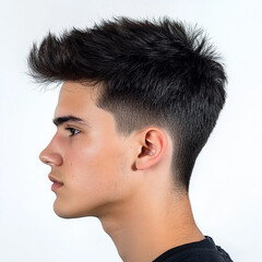 Fototapeta premium A side view of an attractive young man with dark hair, featuring a modern fade haircut that is styled in a spiky quiff.